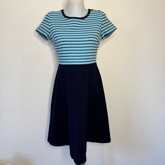 Talbots Dress Aqua Navy Blue Strpied Ribbed Knit A Line Flared Full Zip Sz S - Picture 1 of 15